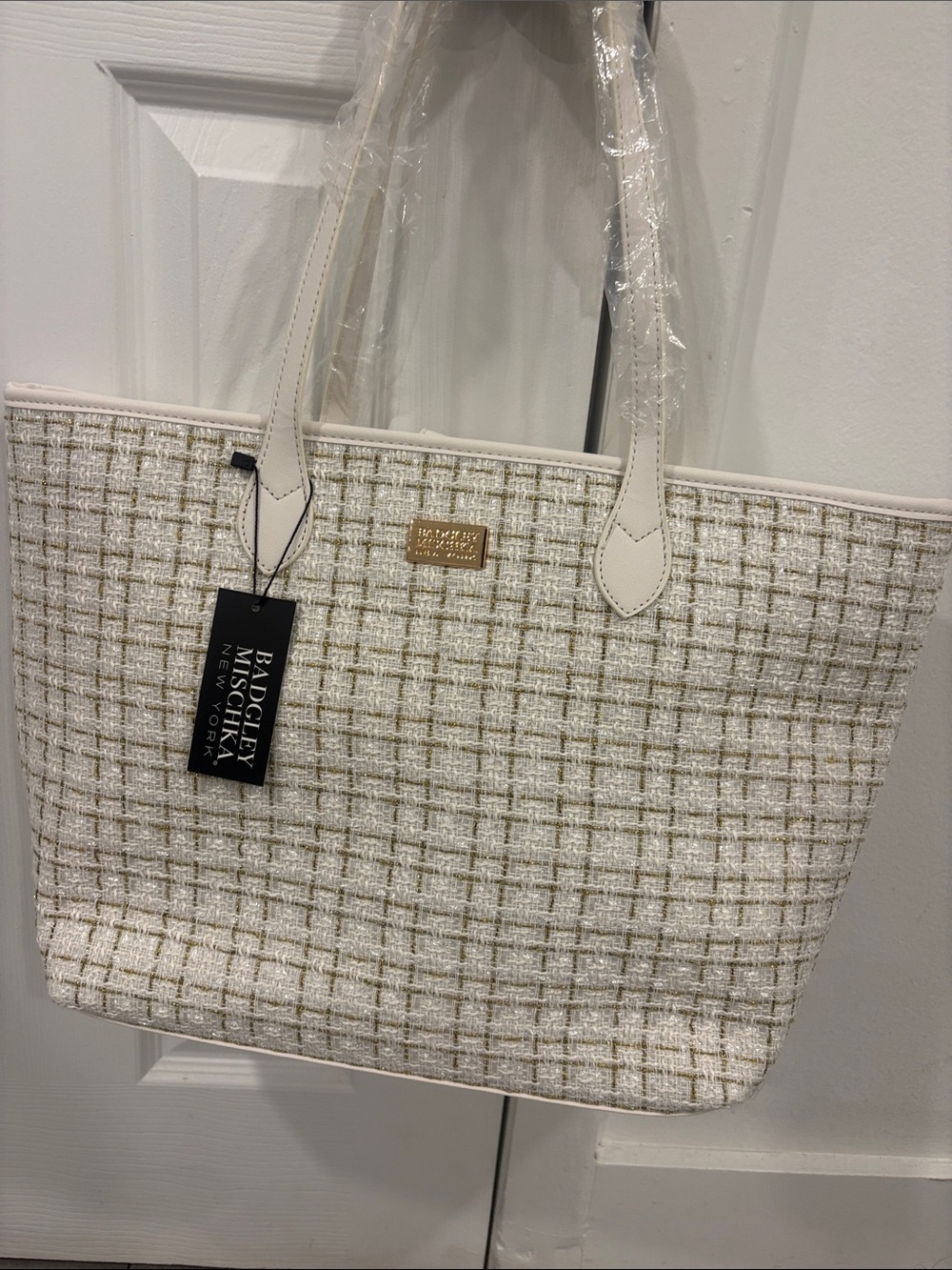 Badgley Mischka Cream and White Tweed Tote